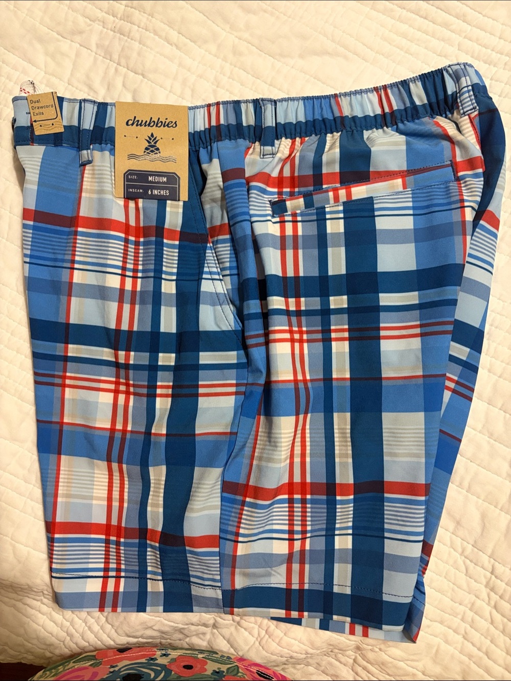 chubbies Blue Plaid Men’s Hybrid Shorts with Red Accents